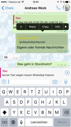 WhatsApp kann jetzt Nachrichten zitieren: Das kann bei der Übersicht in großen Chats helfen. (Screenshot: t3n)