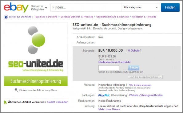 SEO-united.de wird auf eBay verkauft. (Screenshot: SEO-united.de)