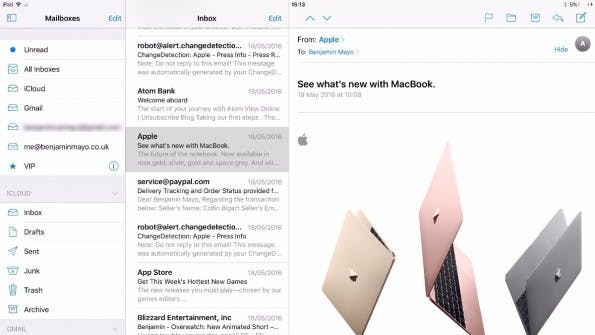 Auf dem größten iPad Pro bringt iOS 10 eine mehrspaltige Ansicht. (Bild: 9to5Mac)