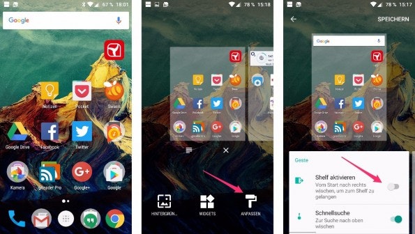 Der Homescreen des Oneplus ganz links ist mit dem „Shelf“ belegt. Diesen könnt ihr bei Bedarf auch deaktivieren. (Bild: t3n)