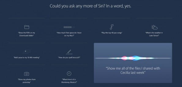 Eine Auswahl an Siri-Funktionen, die auf macOS Sierra verfügbar sind. (Bild: Apple)