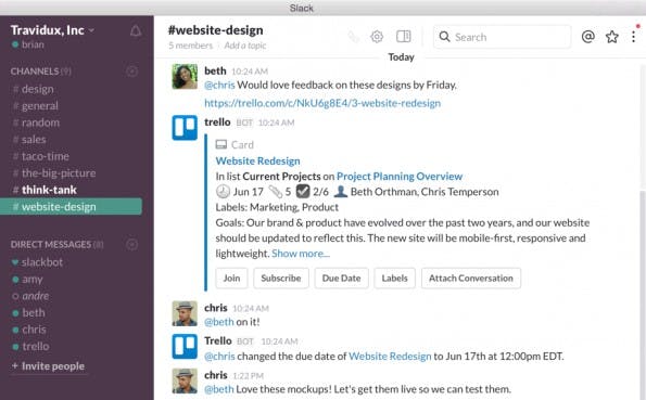 Endlich vereint: Slack-App ermöglicht die Bearbeitung von Trello-Projekten direkt im Messenger. (Screenshot: Trello)