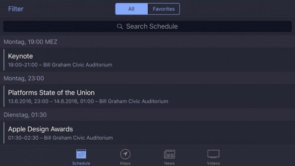 Vorbote auf ein dunkles iOS-10-Theme? Die WWDC-2016-App wie die WWDC-Website sind auch dunkel gehalten. (Screenshot: t3n)