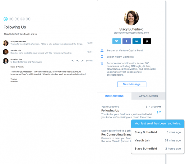 Polymail zeigt in einer extra Seitenspalte die gesamte Korrespondenz mit einem speziellen Kontakt. (Quelle: Polymail)
