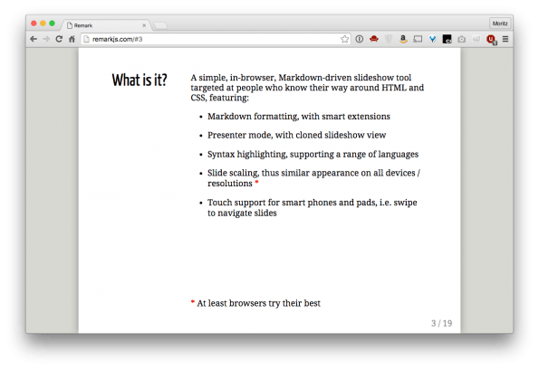 Mit Remark.js kann eine Markdown-Präsentation innerhalb einer HTML-Datei erstellt und mittels CSS gestyled werden: Viele Möglichkeiten, aber eine hohe Einstiegshürde. (Screenshot: t3n)