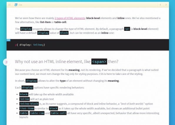 MarkSheet: Ausschnitt aus den Erläuterungen zu CSS Display. (Screenshot: t3n)