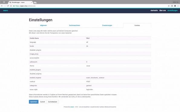 Searx bietet viele Einstellungen und zeigt unter anderem an, welche Cookies im Browser gespeichert sind. (Screenshot: Searx)