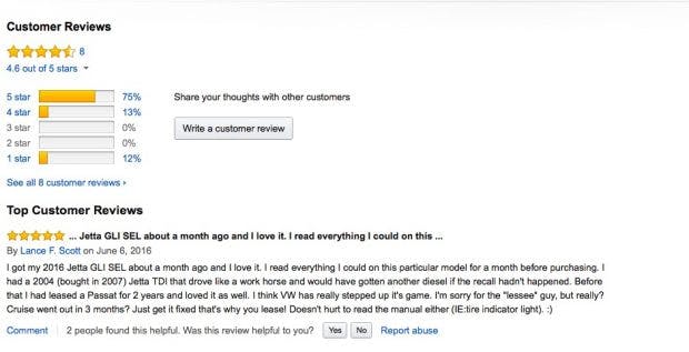 Rezensionen und Diskussionen über Autos bringen Traffic auf Amazons Produkt-Detailseiten. (Screenshot: Amazon)