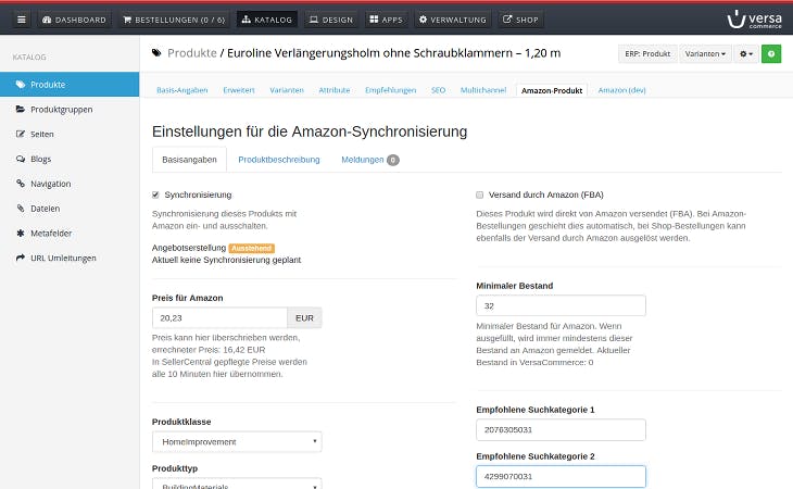 Im Amazon-Commander von VersaCommerce kannst du mit einem Blick alle Einstellungen und deren Status überblicken. (Screenshot: VersaCommerce)