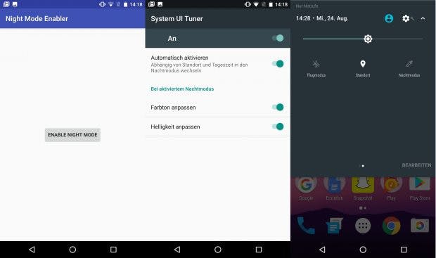 Mit dem Night-Mode-Enabler könnt ihr den Nachtmodus unter Android 7.0 nutzen, obwohl Google ihn offiziell nicht bereitstellt. (Screenshot: t3n)