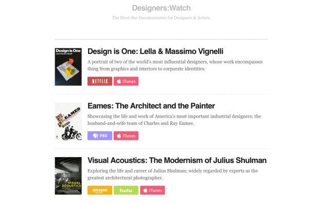 Designers.Watch kuratiert Must-See-Dokus für Designer und Kreative. (Screenshot: designers.watch)