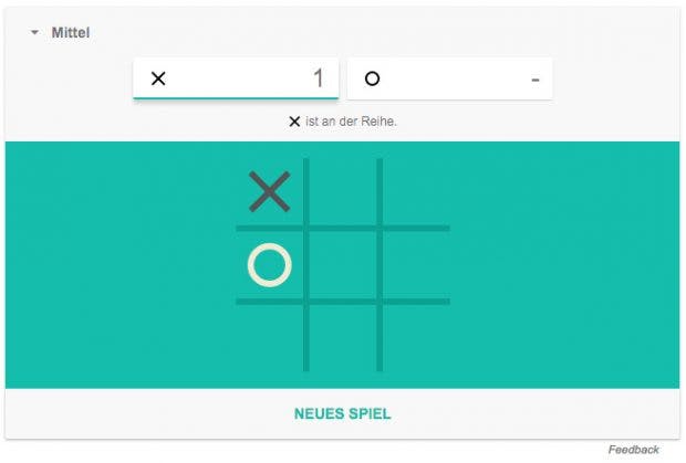 Google-Easteregg: Ab sofort könnt ihr Tic-Tac-Toe und Solitaire direkt in der Suche zocken. (Screenshot: Google)
