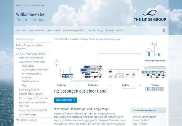 Gashersteller Linde stellt sich gezielt als ökologisches Unternehmen dar. (Screenshot: t3n)