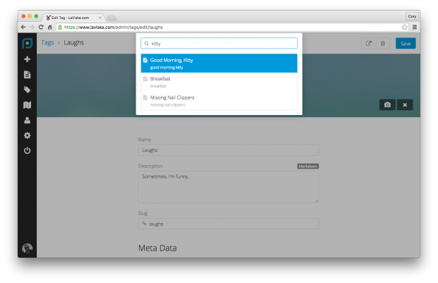 Omnipräsente Volltextsuche im Backend. (Screenshot: Postleaf)