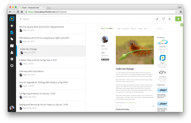 Live-Vorschau der Beiträge im Backend. (Screenshot: Postleaf)