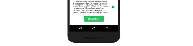 ... wählt vorher das Kästchen ab. Dadurch werden eure Daten nicht an Facebook zu Werbezwecken weitergereicht. (Bild: WhatsApp)