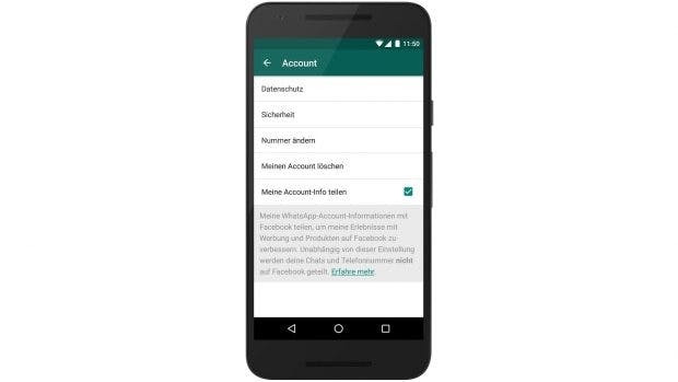 Ihr könnt in den Einstellungen der Datenübertragung zu Werbezwecken bis zum 25. September widersprechen. (Bild: WhatsApp)