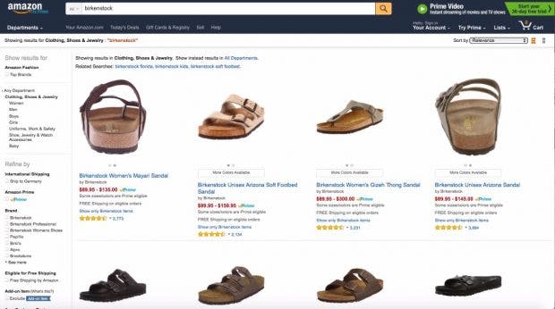 32 Seiten mit Birkenstock-Sandalen und Schuhen demonstrieren dass Birkenstock ungewollt immer noch auf Amazon präsent ist. (Screenshot: Amazon.com)