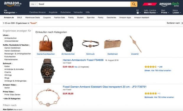 Das Suchergebnis nach dem Begriff „Fossil“ bei Amazon. Keine Markenfremden Produkte, keine kontraproduktiven Werbemaßnahmen. (Screenshot: Amazon.de)