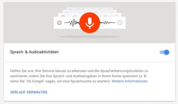 Google erlaubt das Deaktivieren der Aufzeichnung eurer Spracheingaben. (Screenshot: t3n;Google)