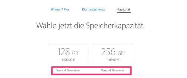 Wer das iPhone 7 Plus in Diamantschwarz nicht schon am letzten Freitag vorbestellt hat, muss sich auf lange Wartezeiten einstellen. (Screenshot: Apple; t3n)