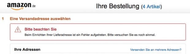 Fehlermeldung bei Amazon-Bestellungen am Mittwochmorgen. (Screenshot: Amazon.de/t3n)
