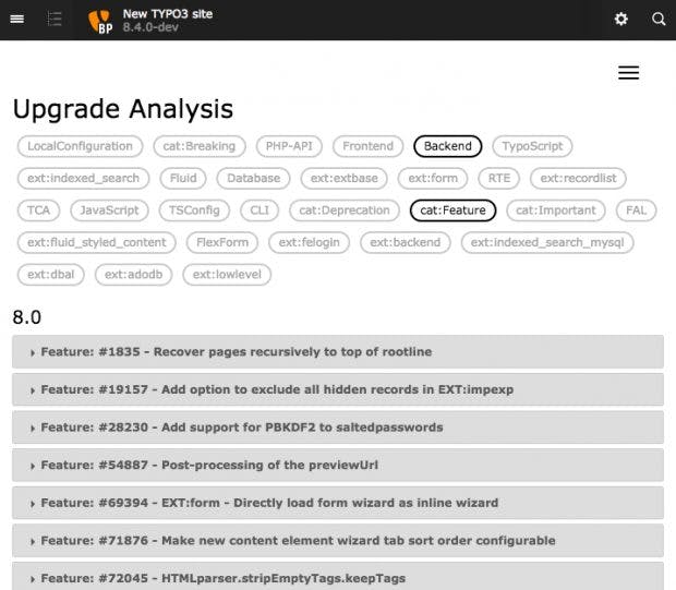 Im Install-Tool können ab TYPO3 8.4 Neuerungen gefiltert werden. (Screenshot: TYPO3.org)