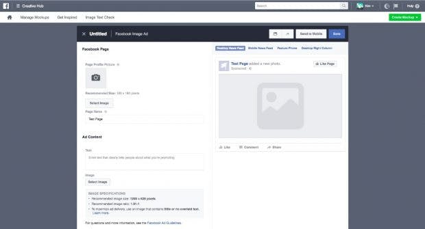 Creative Hub: Der Mockup-Editor lässt euch mit den verschiedenen Anzeigeformaten von Facebook experimentieren. (Screenshot: facebook.com)