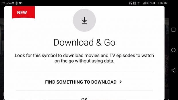 „Download & Go“: Beim Neustart der Netflix-App wird euch ein nicht übersehbarer Hinweis auf die neue Offline-Funktion angezeigt. (Bild: t3n)