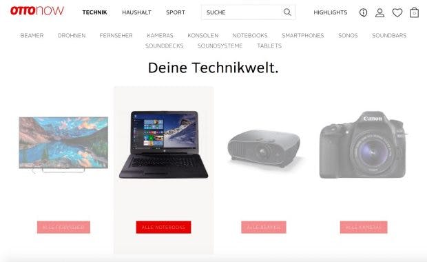Drei Hauptkategorien bietet Otto Now zum Start. Das Produktangbeot soll aber noch erneuert werden. (Screenshot: Otto Now)