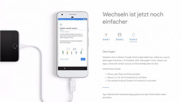 Google bietet für seine Pixel-Phones zusätzlich eine kabelgebundene Datenmigration an. (Bild: Google)