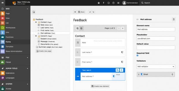 Das neue Formular-Framework zur Erstellung von Formularen in TYPO3 8.5. (Screenshot: TYPO3.org)