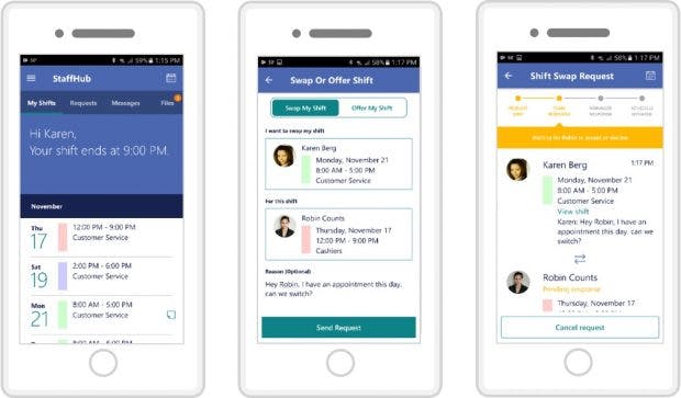 Microsoft Staffhub: Mitarbeiter rufen Dienstpläne und Infos am Handy ab. (Bild: Microsoft)