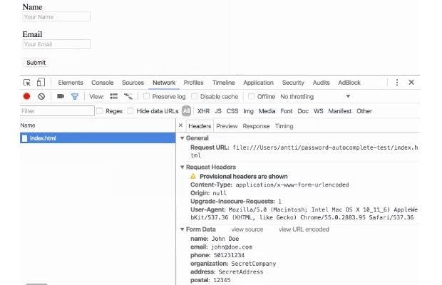 Phishing: Autofill füllt unsichtbare Textboxen aus und gibt so sensible Nutzerdaten preis. (Screenshot: Kuosmanen/Twitter/t3n)