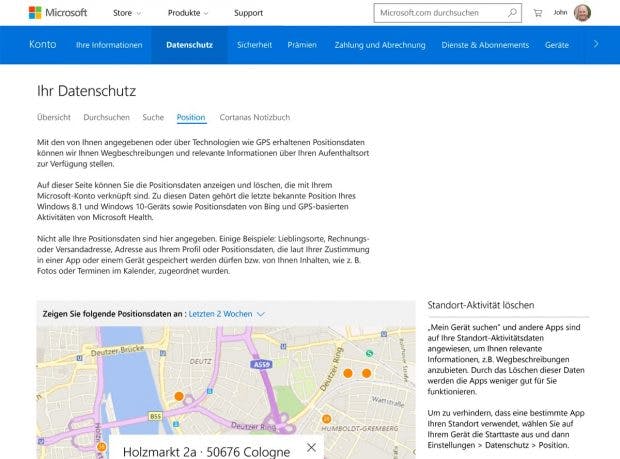 Windows 10: Über dieses Web-Interface könnt ihr die von Microsoft gesammelten Daten einsehen und löschen. (Screenshot: Microsoft)