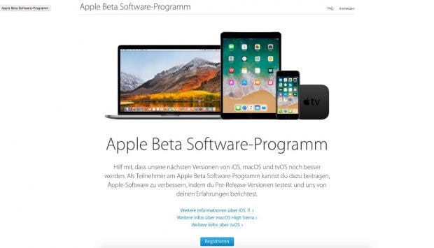Nutzer können sich auf Apples Beta-Seite für den Test registrieren. (Screenshot: Apple)