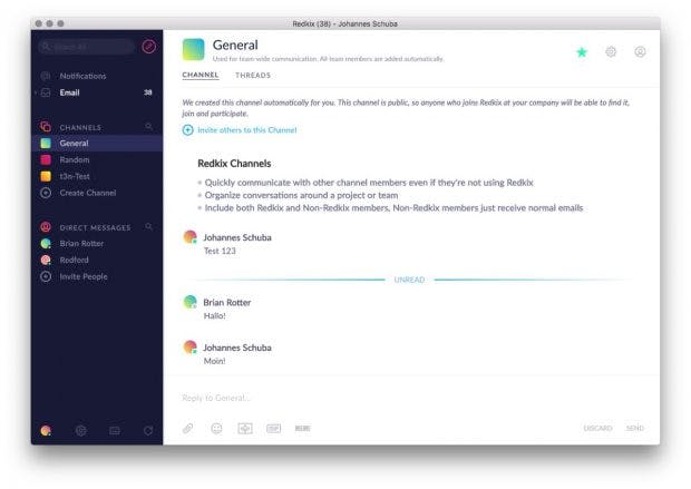 Redkix beherbergt die E-Mail-Inbox, bietet aber auch ganz normale Chat-Features an. (Screenshot: Redkix)