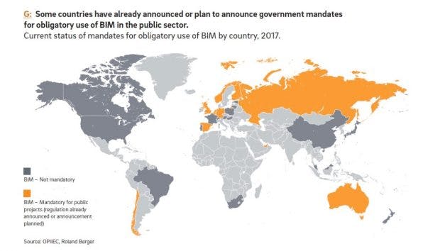 In einigen Ländern (hier orange eingefärbt) inklusive Deutschland ist oder wurde bereits geplant, bei öffentlichen Bauprojekten BIM verpflichtend einzusetzen. (Grafik: OPIIEC/Roland Berger)