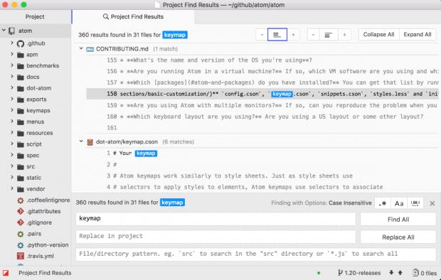 Die Projekt-Suche in Atom zeigt jetzt auch den Kontext des Treffers an. (Screenshot: Atom)