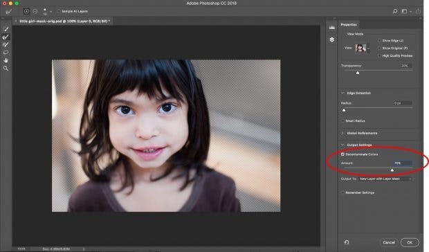 Die Photoshop-Funktion „Auswählen und markieren“ hat jetzt einen Regler für die Farbdekontaminierung. (Bild: Adobe)