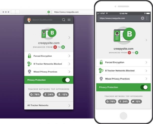 Die Duckduckgo-Apps zeigen die unterschiedlichen Kriterien, die auf einer Website geprüft werden, an. (Bild: Duckduckgo)