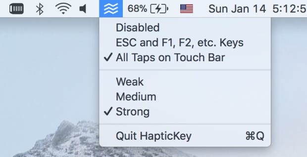 Haptickey nistet sich in der Menüleiste ein und bietet dort noch Optionen zum Feedback an. (Screenshot: Haptickey)