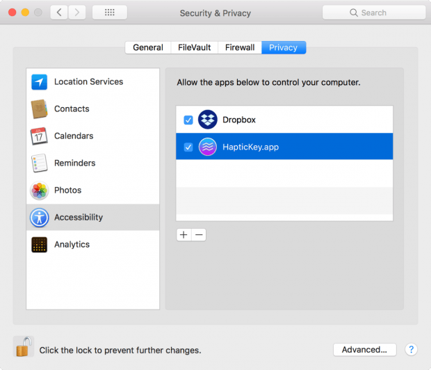 Hat Haptickey die entsprechenden Berechtigungen in den macOS-Einstellungen, bekommen Nutzer beim Betätigen der Touch-Bar ein haptisches Feedback. (Screenshot: Haptickey / macOS)