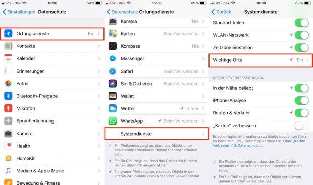 Der Standortverlauf von iOS findet sich in den Einstellungen unter Datenschutz → Ortungsienste → Systemdienste → Wichtige Orte. (Screenshot: iOS)