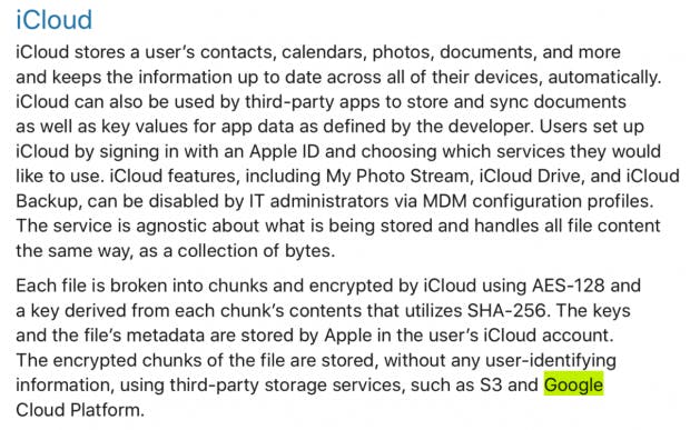 Hinweis auf Google im „iOS Security Guide” (Screenshot mit Hervorhebung)