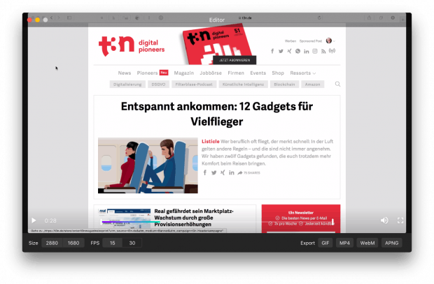Über den integrierten Editor von Kap lassen sich Aufnahmen noch schneiden und in verschiedenen Formaten exportieren. (Screenshot: Kap)