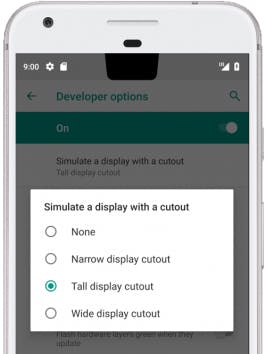 Entwickleroptionen in Android P um eine Notch zu simulieren (Grafik: Google)