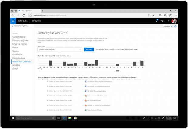 Mit File Restore können Nutzer von Office 365 Dateien aus den letzten 30 Tagen wiederherstellen. (Bild: Microsoft)