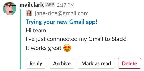 Mailclark-Nutzer können in Slack-Channels auf ihre Mails antworten, sie weiterleiten, löschen oder archivieren. (Screenshot: Mailclark)