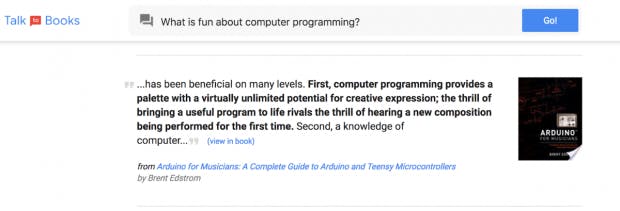 Das Google-KI-Experiment Talk to Books durchsucht ganze Sätze in über 100.000 Büchern. (Screenshot: Google)